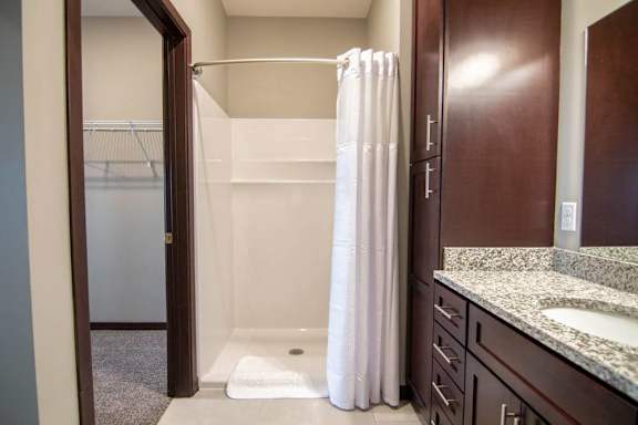 A bathroom with a walk in shower and a sink.