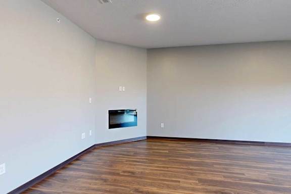 A living room with hardwood flooring and an electric fireplace.