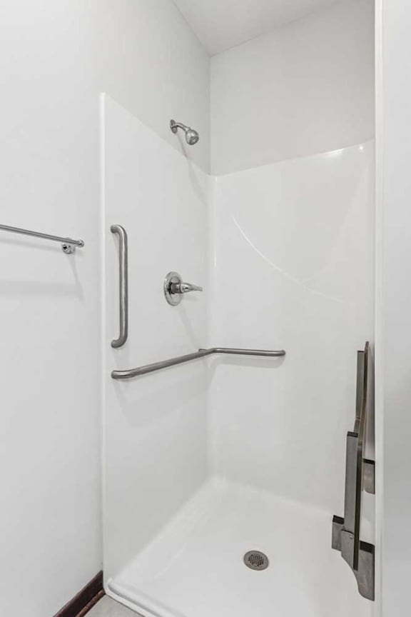 A bathroom with a walk-in shower with a grab bar and fold out seat.