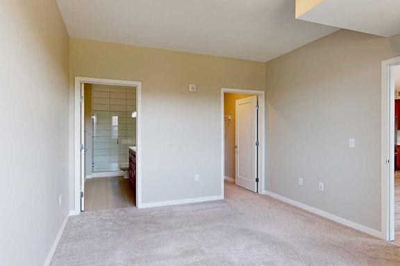 A carpeted bedroom with and ensuite bathroom and walk-in closet.