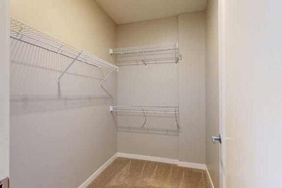A carpeted walk-in closet with built-in wire shelves.