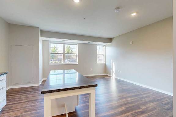 A kitchen island in front of a living area with hardwood-style flooring and large windows.