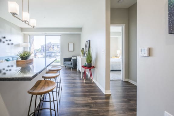 Open layout with view of living room from kitchen at Ascend at Woodbury new luxury apartments in Woodbury MN 55129