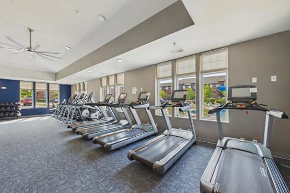 A gym with treadmills and exercise bikes.