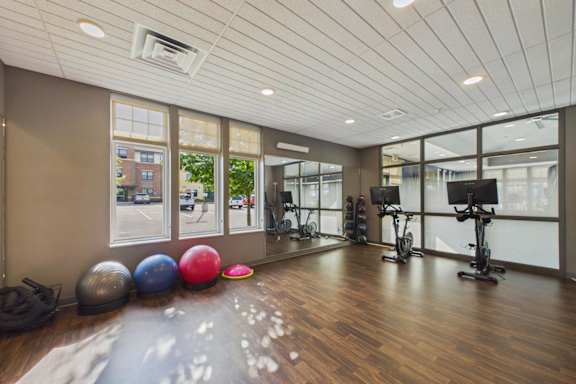 A gym with a row of exercise balls and a row of exercise bikes.
