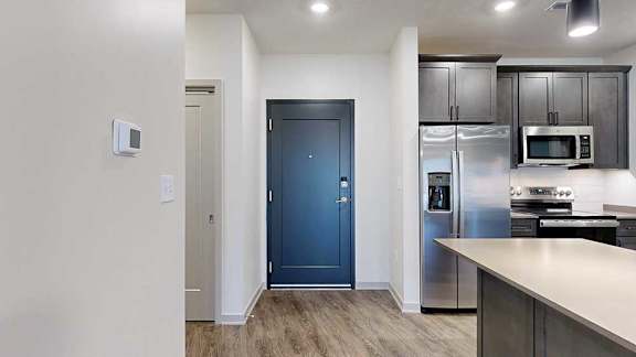 a dark grey front door next to a hallway and a modern kitchen with dark wood cabinets