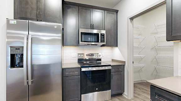 a modern kitchen with dark wood cabinets, stainless steel appliances, and a large walk-in pantry