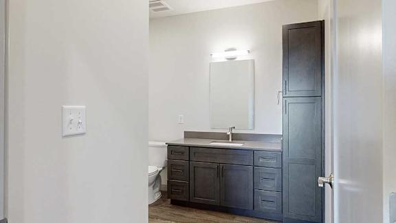 a bathroom with a quartz vanity sink, a tall storage cabinet, and a mirror
