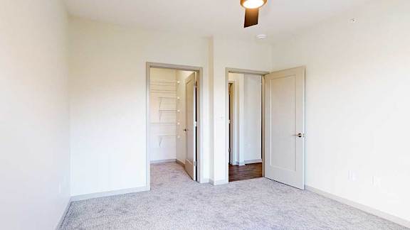 a bedroom with carpeted flooring, a ceiling fan, and a walk-in closet