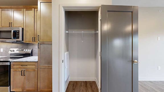 A closet with a wire shelf, next to a kitchen with warm wooden cabinets.
