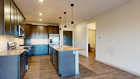 A front entryway next to a modern kitchen with dark cabinets and stainless steel appliances.