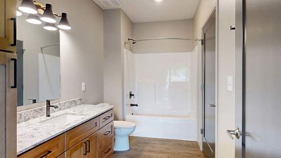 Modern apartment bathroom with a tub and shower, single-sink vanity, and wood cabinetry.