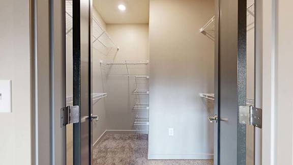 Walk-in apartment closet with built-in wire shelving and carpeted flooring.