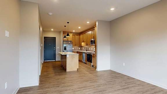 Spacious apartment living area with wood-style flooring and an open kitchen with an island.