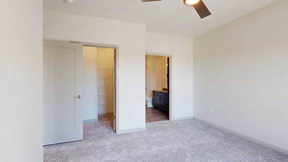 A carpeted bedroom with a walk-in closet and attached bathroom.