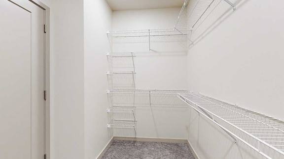 a walk-in closet with built-in wire shelving and hanging space