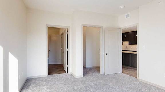 a bedroom with carpeted flooring, a walk-in closet, an attached bathroom, and a door to the living room