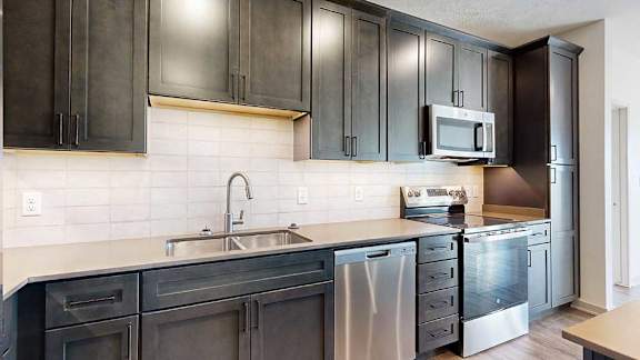 a modern kitchen with dark wooden cabinets, quartz countertops, a tile backsplash, and stainless steel appliances