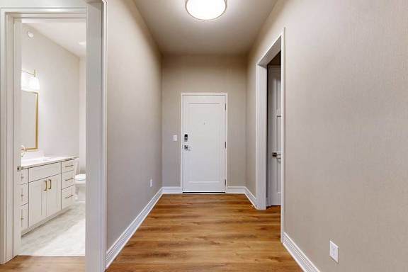 A hallway leading from the front door to the hallway bathroom and closet.