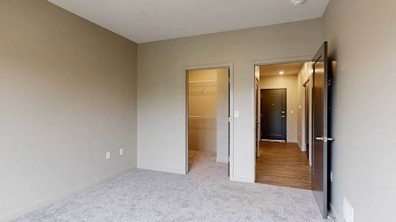A carpeted bedroom with a walk-in closet and a door open to the hallway.