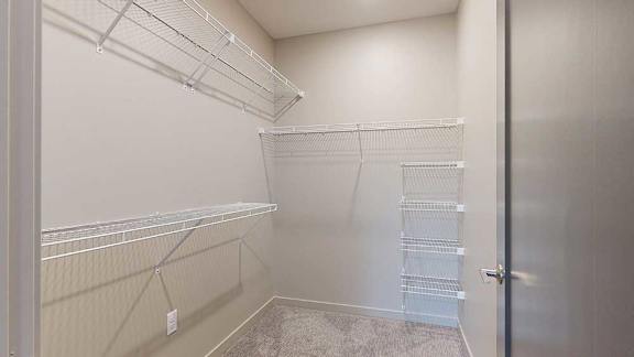 An oversized walk-in closet with several built-in wire shelves.