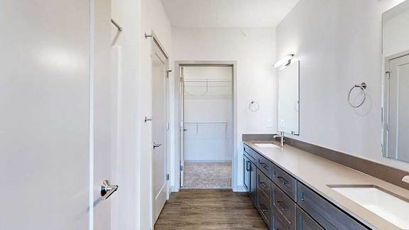a bathroom with a double sink vanity and an attached walk-in closet