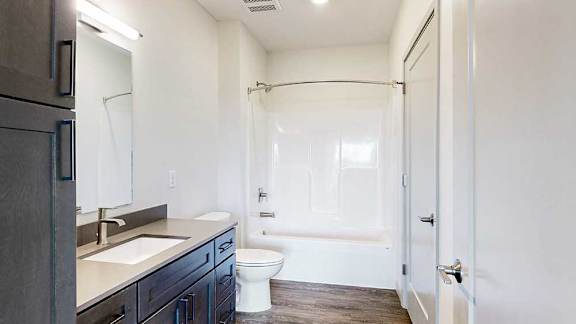 a bathroom with a dark cabinet quartz vanity sink and a combo shower tub