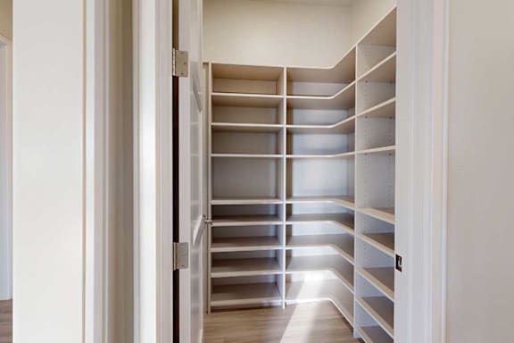 A walk-in pantry with several rows of built-in shelves.