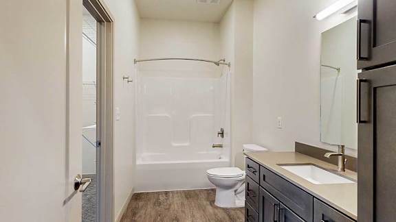 a bathroom with a quartz vanity sink and a combination shower and bathtub