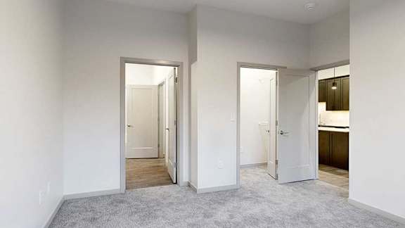 a bedroom with carpeted flooring, attached bathroom, and walk-in closet