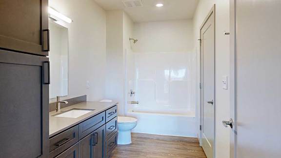 a bathroom with a quartz vanity sink and a bathtub shower