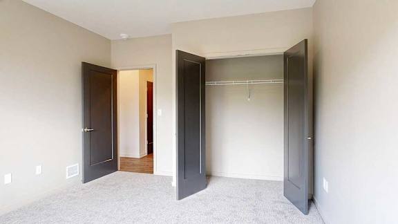 A carpeted bedroom with a double-door closet.
