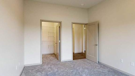 a carpeted bedroom with a walk-in closet next to the door to the hallway