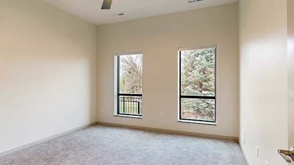a bedroom with two windows and a carpeted floor