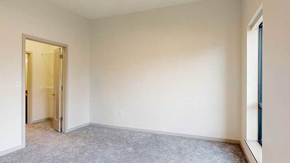 a bedroom with a carpeted flooring, a window on the right, and a walk-in closet on the left