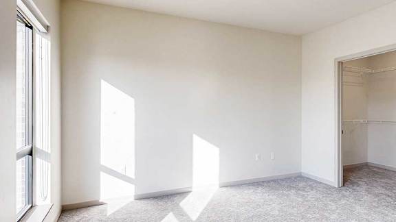 A carpeted bedroom with a walk-in closet.
