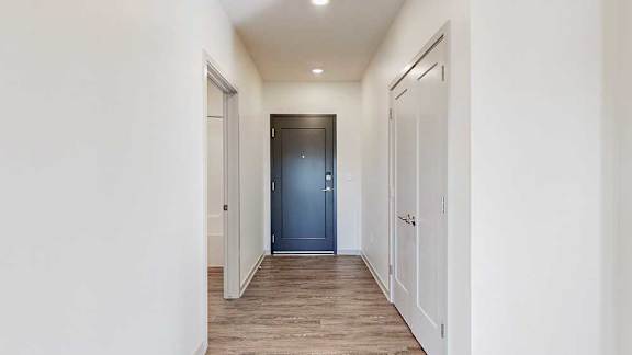 A hallway with a closet to the side, with a front door at the end.