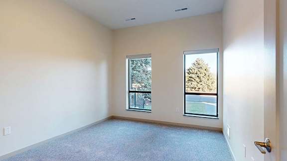 Bright apartment bedroom with neutral carpet and two large windows.