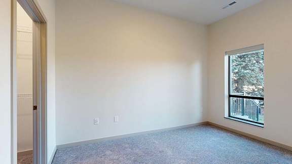 Bright apartment bedroom with neutral carpet and a large window.