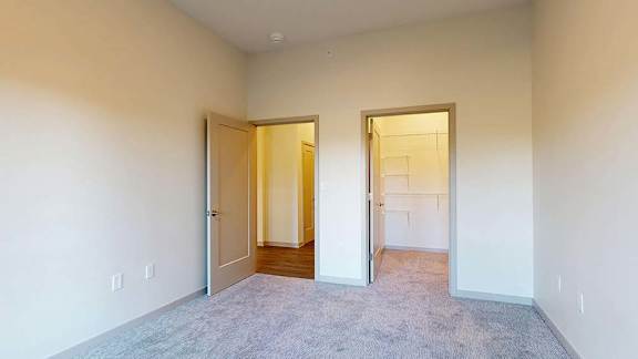 Bright apartment bedroom with neutral carpet, open doorway, and walk-in closet.