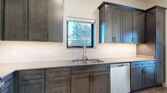 Apartment kitchen with dark cabinets, stainless steel dishwasher, and a window above the sink.