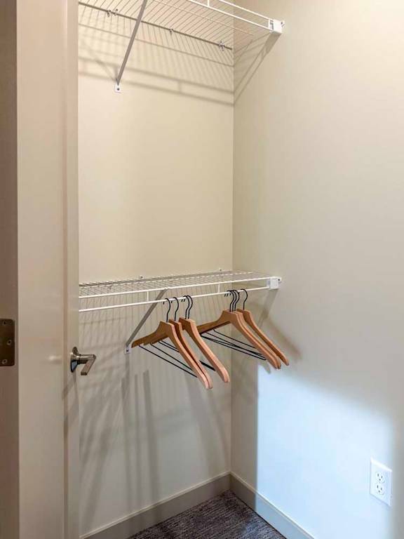 Walk-in closet with wire shelving and hanging space.