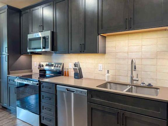 Modern kitchen with dark cabinets, stainless steel appliances, and tile backsplash.