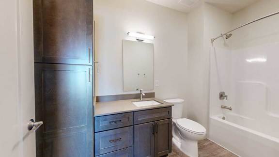 A bathroom with dark wooden cabinets, a quartz vanity sink, a tall storage cabinet, mirror with overhead lighting, and tub shower with brushed nickel fixtures.