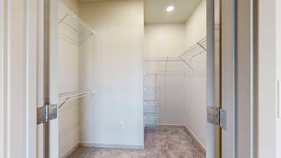 A spacious walk-in closet with built-in shelves and a carpeted floor.