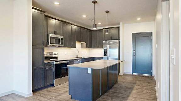 A modern kitchen with stainless steel appliances, quartz countertops, a central island, and dark wooden cabinets.