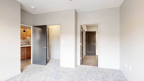 a carpeted bedroom with an ensuite bathroom and walk-in closet