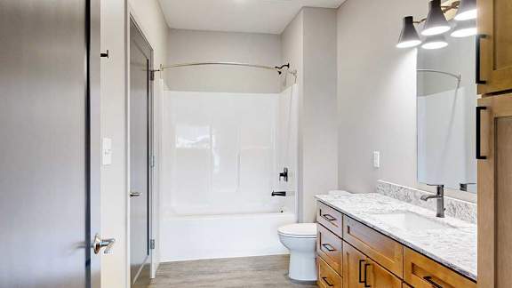 a walk-through bathroom with a quartz vanity sink, tall storage cabinet, and a combination shower tub