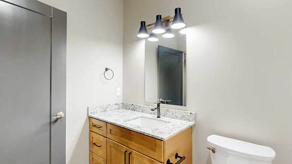 Bathroom vanity with quartz countertop, wooden cabinetry, mirror, and overhead light fixture.