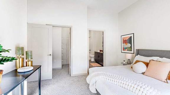 A bedroom with a bedding set, a walk-in closet, and an attached bathroom.
